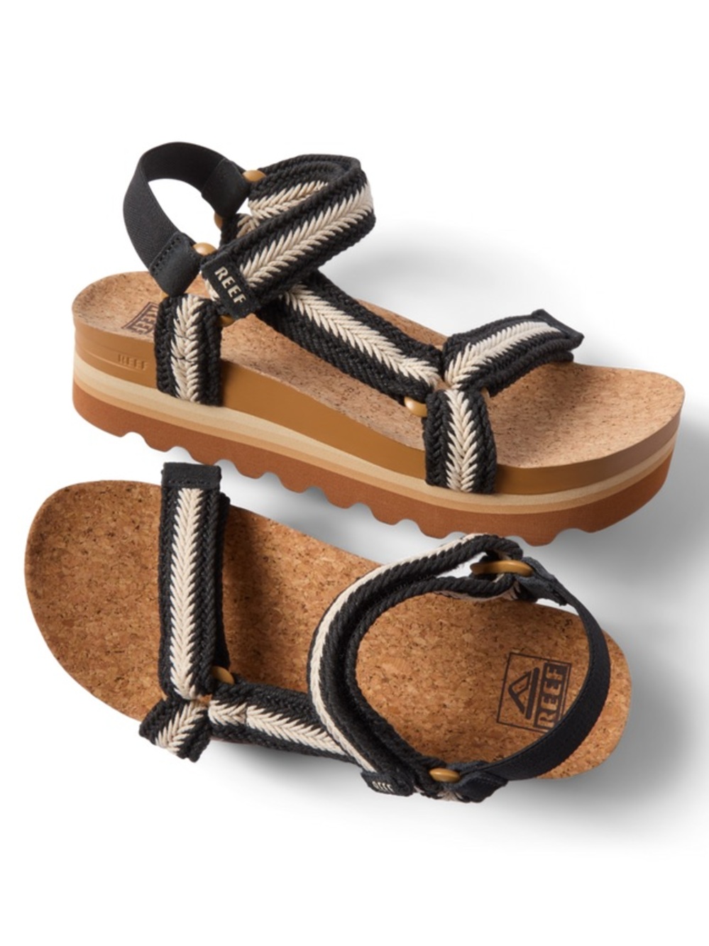 Reef Cushion Rem Hi Arch Support Cork Platform Sandals Black White Braid